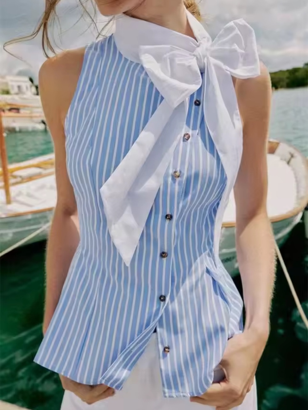 Classic Blue Stripe Sleeveless Top with Bow